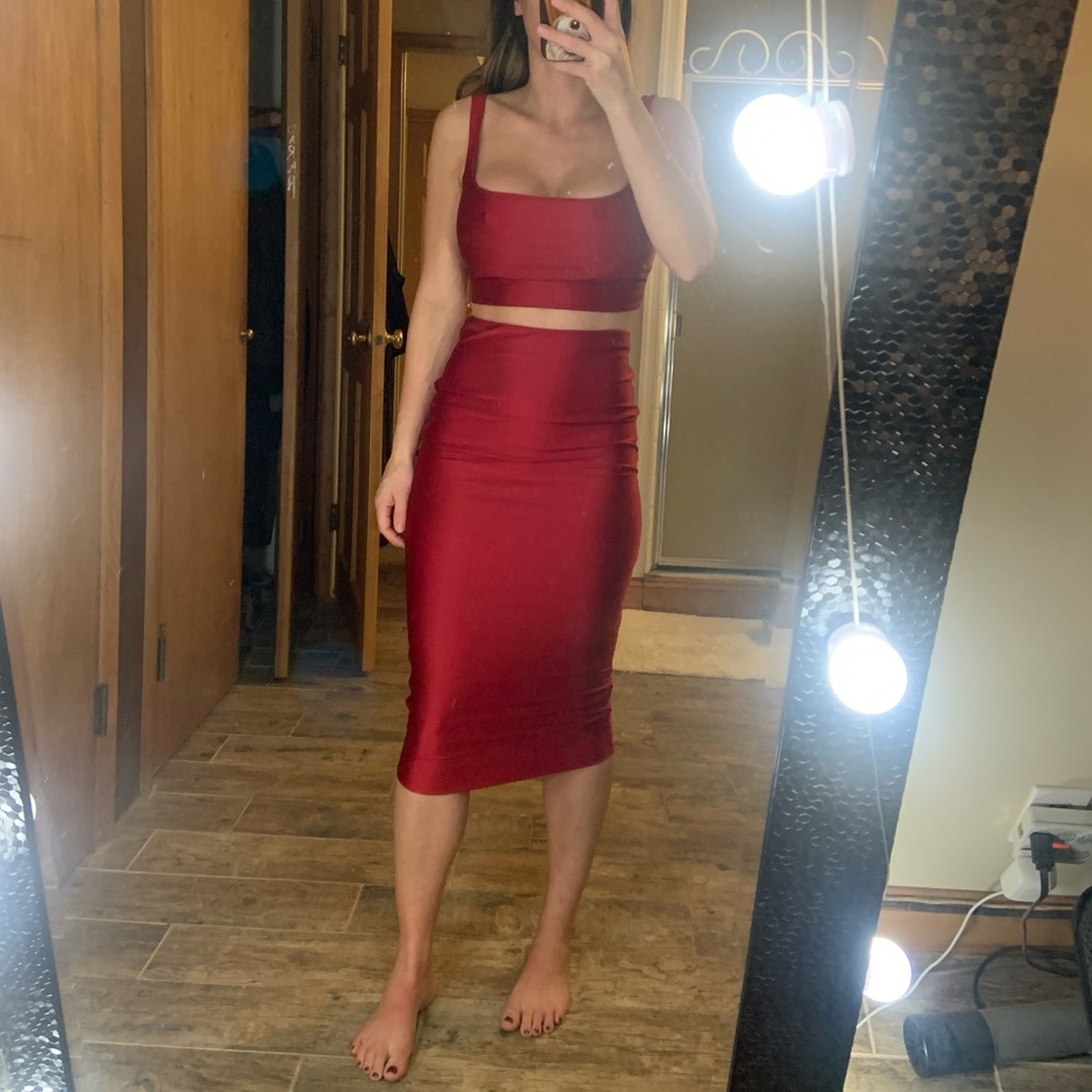 Red pencil skirt crop top
